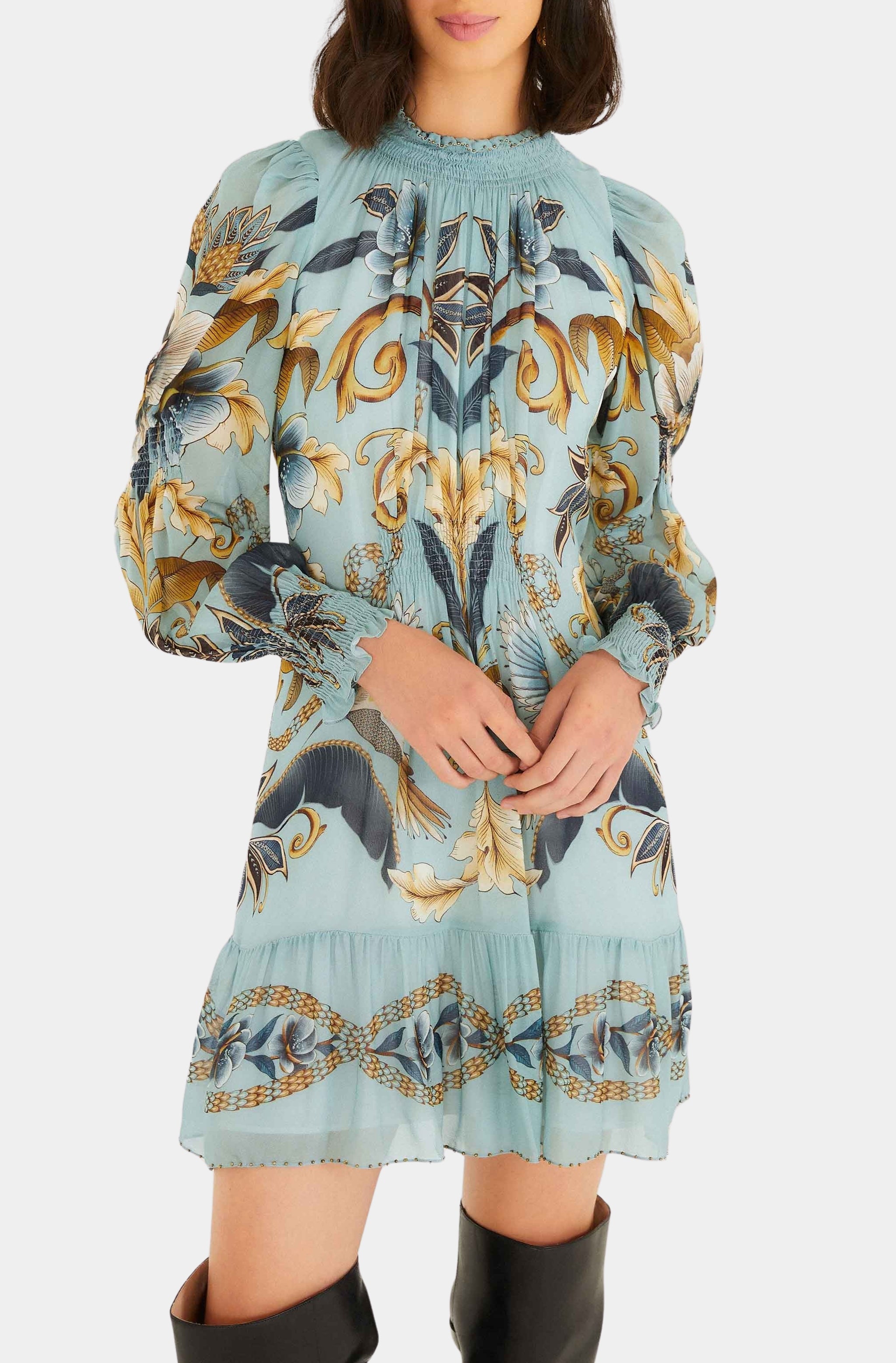 Snake Garden Blue Long Sleeve Mini Dress