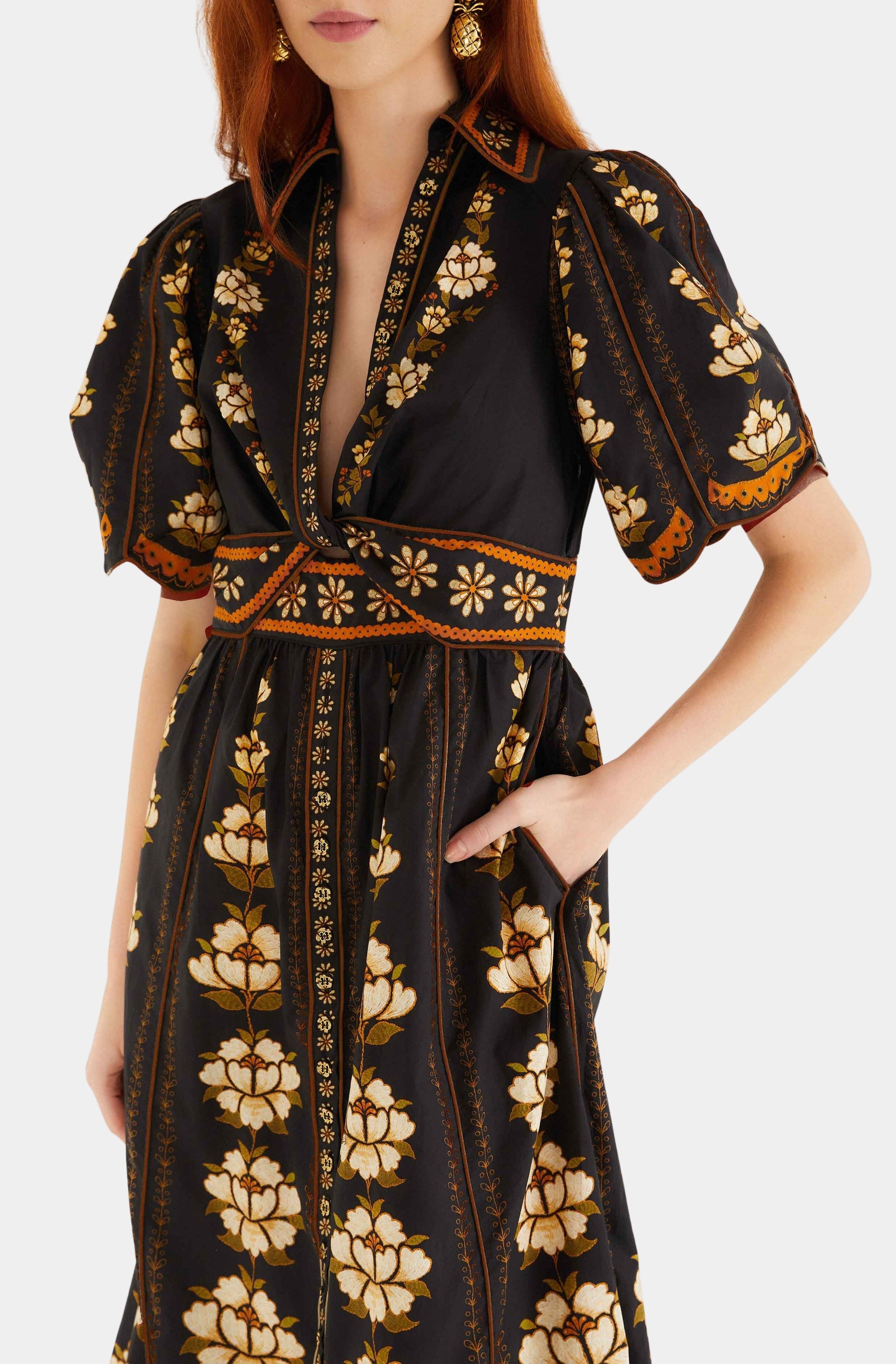 Embroidered Flowers Black Midi Dress