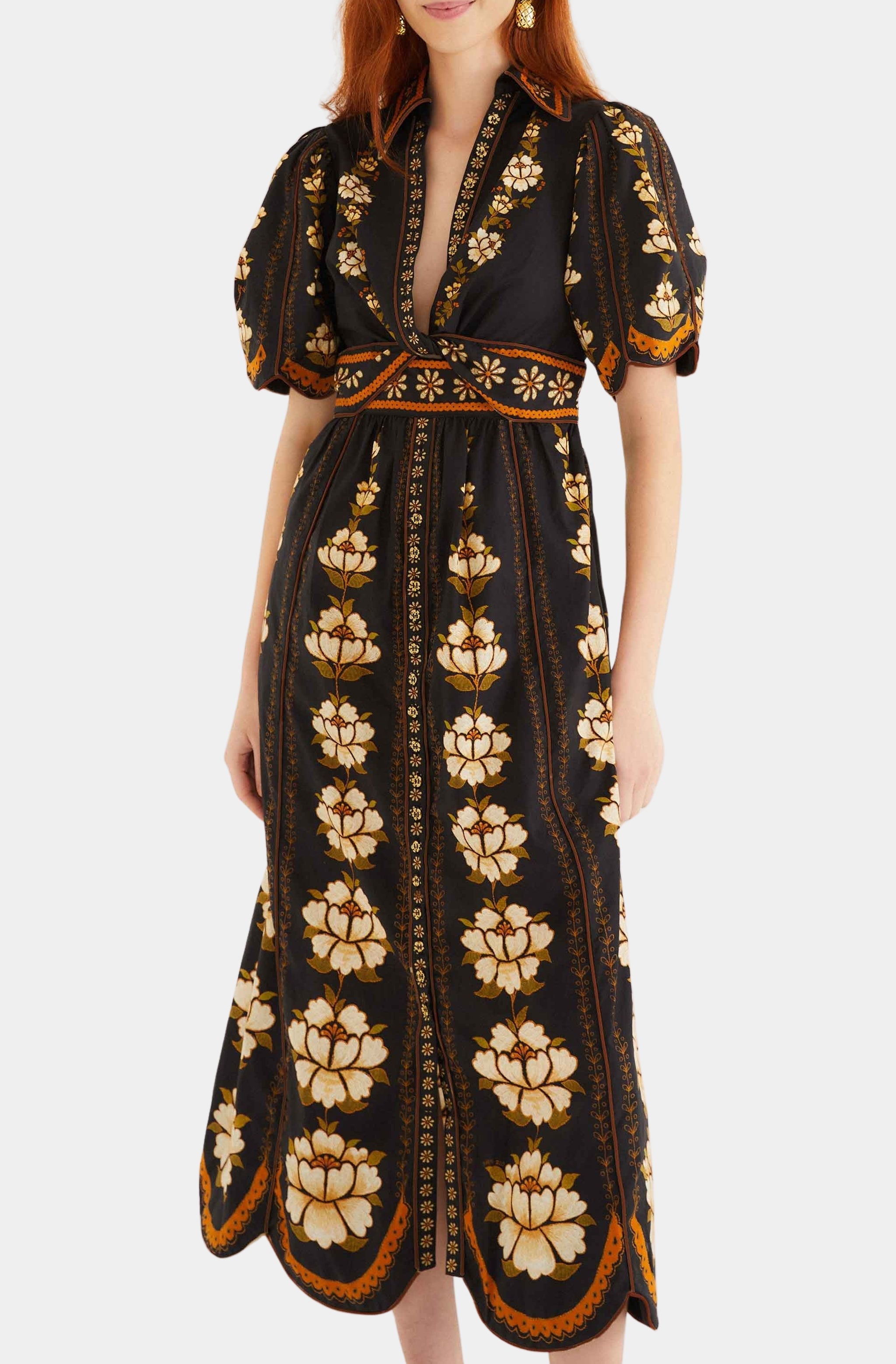 Embroidered Flowers Black Midi Dress