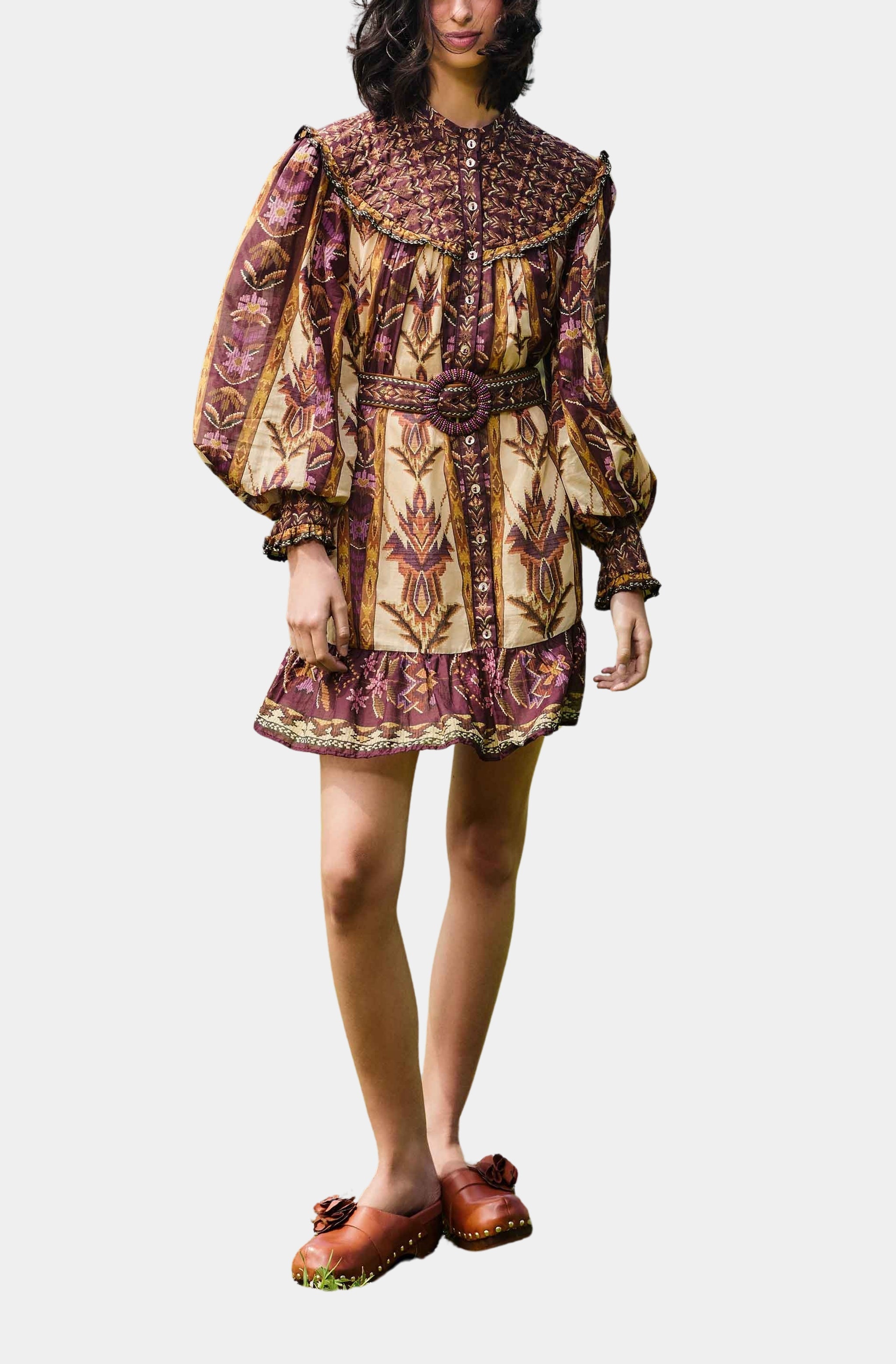 Embroidered Tapestry Sand Long Sleeve Mini Dress Embroidered Tapestry Sand Long Sleeve Mini Dress