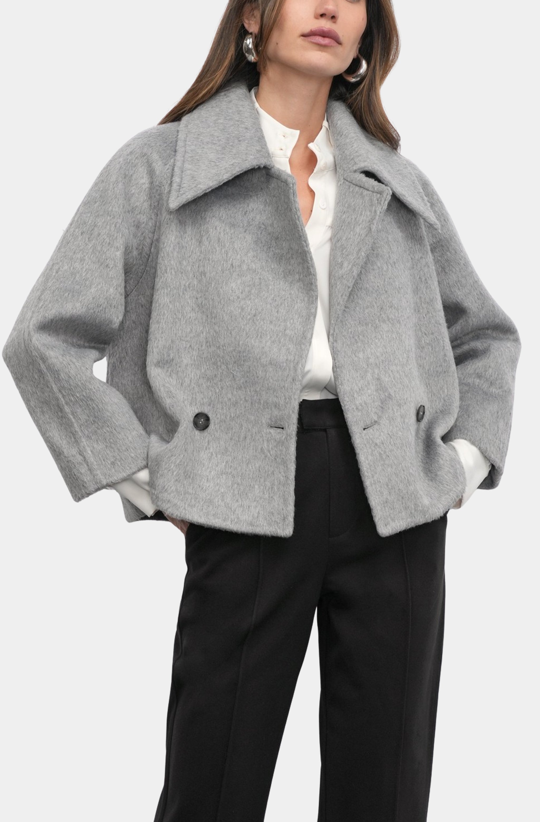 eLLa round hem bonding coat グレー Fitted wool blend coat with stand-up collar - Grey | SCAYLE