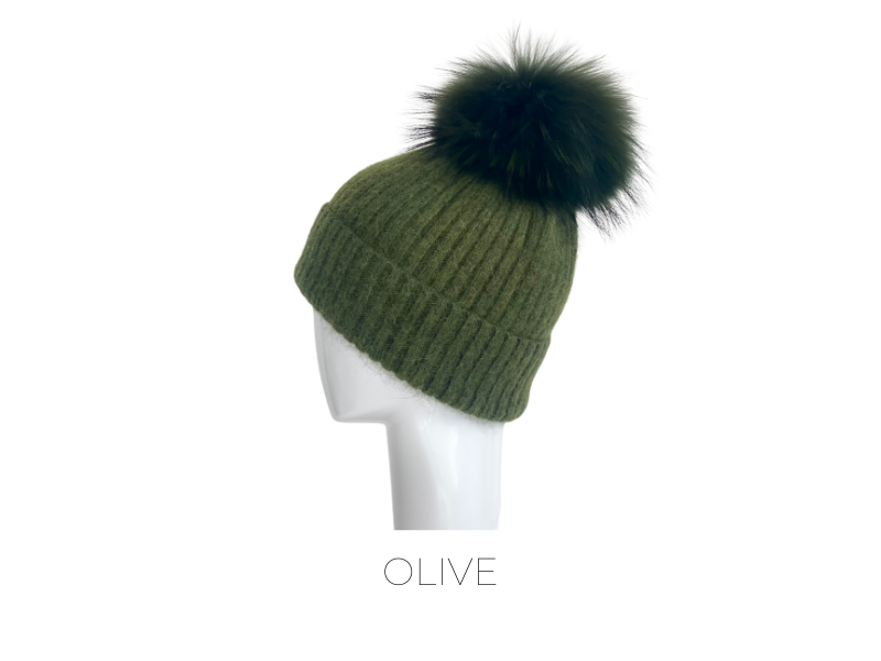 Angora & Merino Beanie Hat - Olive Green Angora and Wool Knit Double Layered Beanie Hat in Two  main image 2