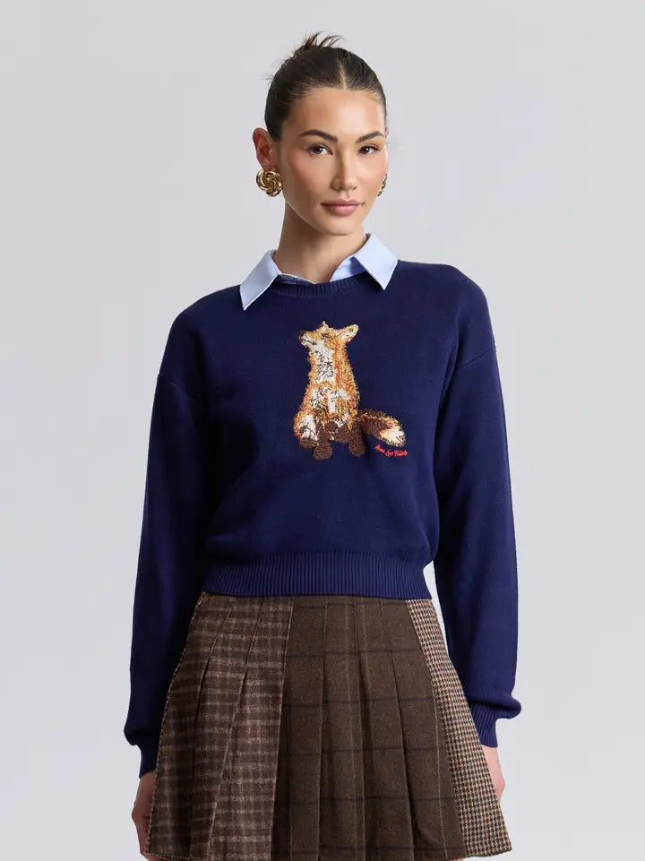 Embroidered Fox Crew Neck Sweater
