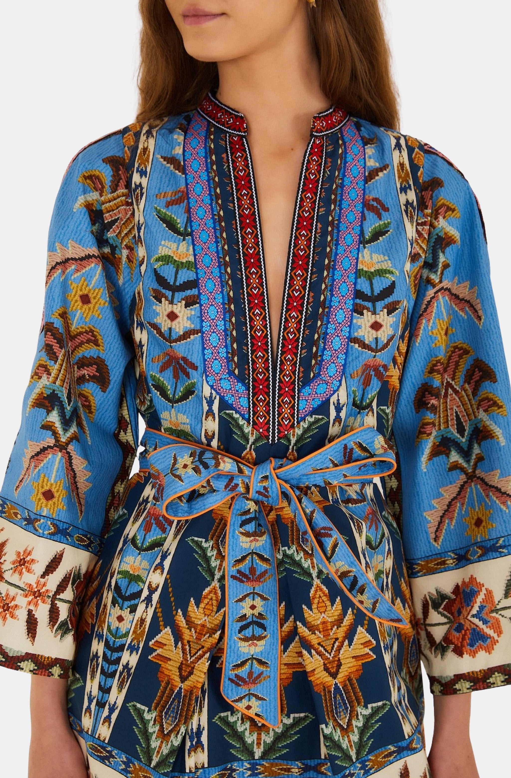Embroidered Tapestry Blue Mini Dress