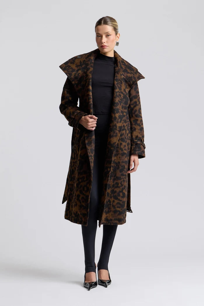 Leopard Faux Wool Utility Trench Coat