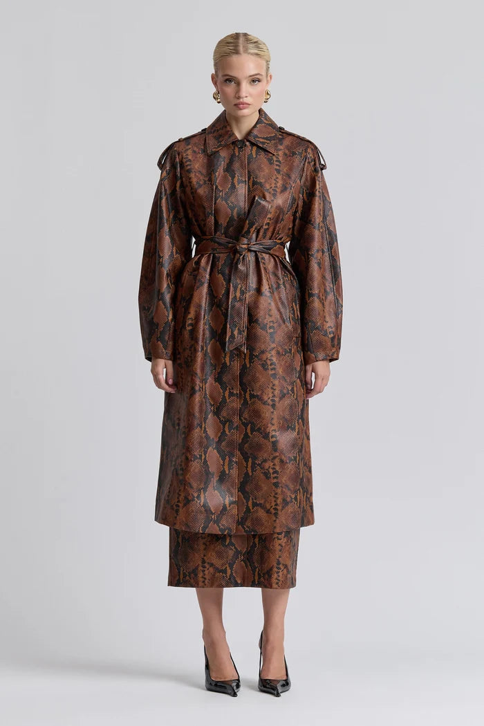Snake Print Faux-Ever Leather Trench Coat