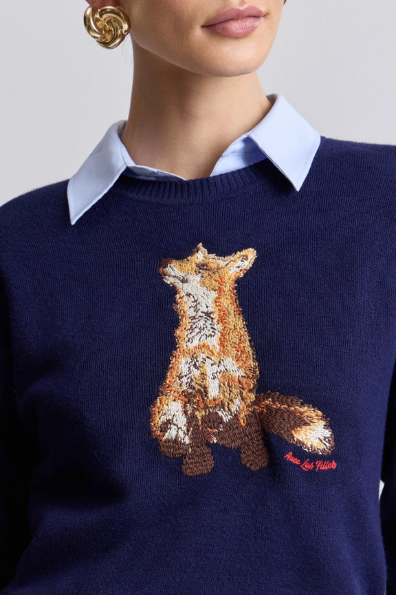 Embroidered Fox Crew Neck Sweater