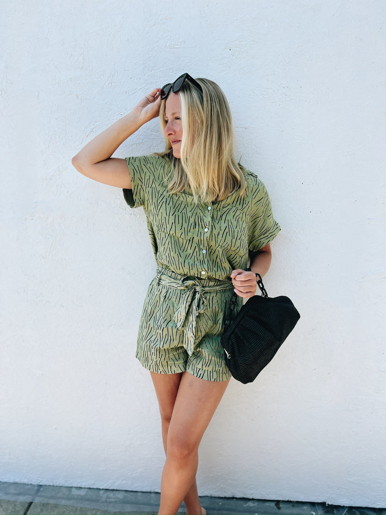 Belted Button Front Short in Deep Jungle