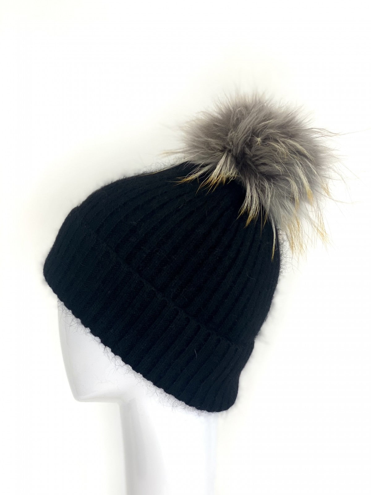 Angora/Wool Blend Hat in Black/Dove Grey