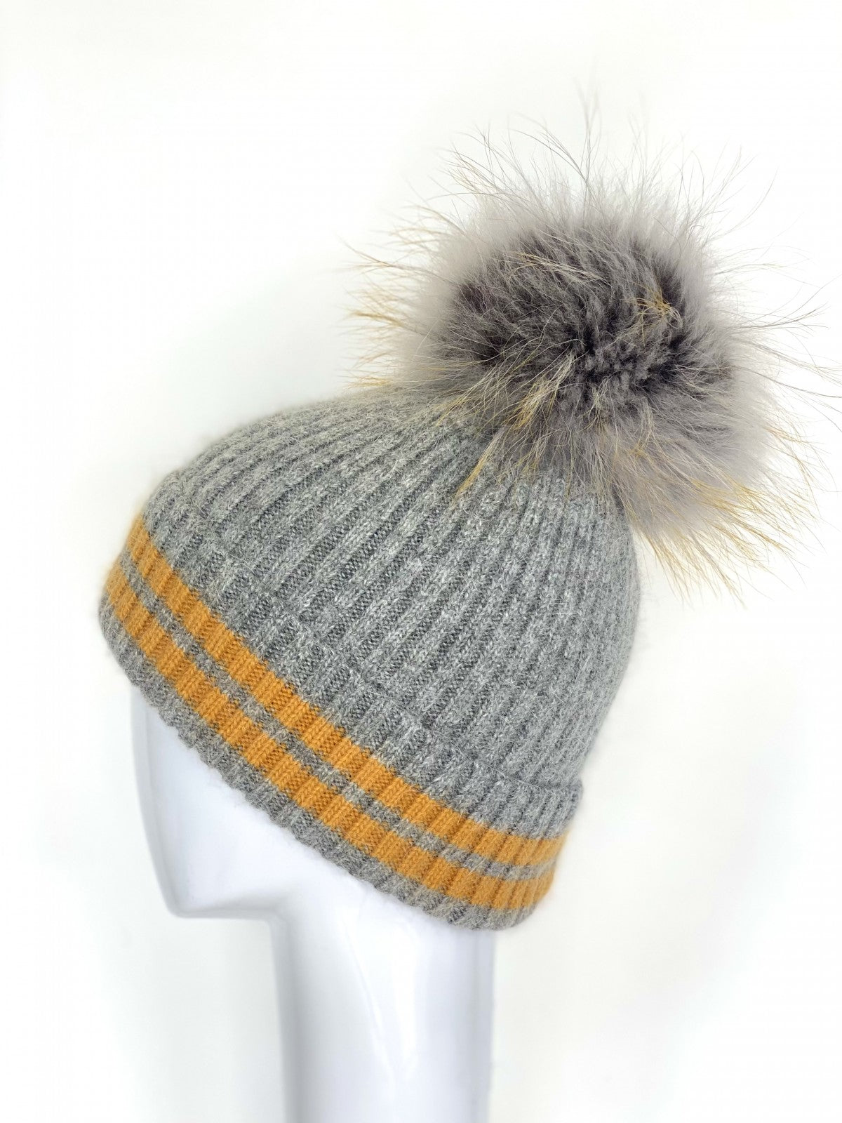 Mohair/Wool Hat in Grey/Golden Stripe