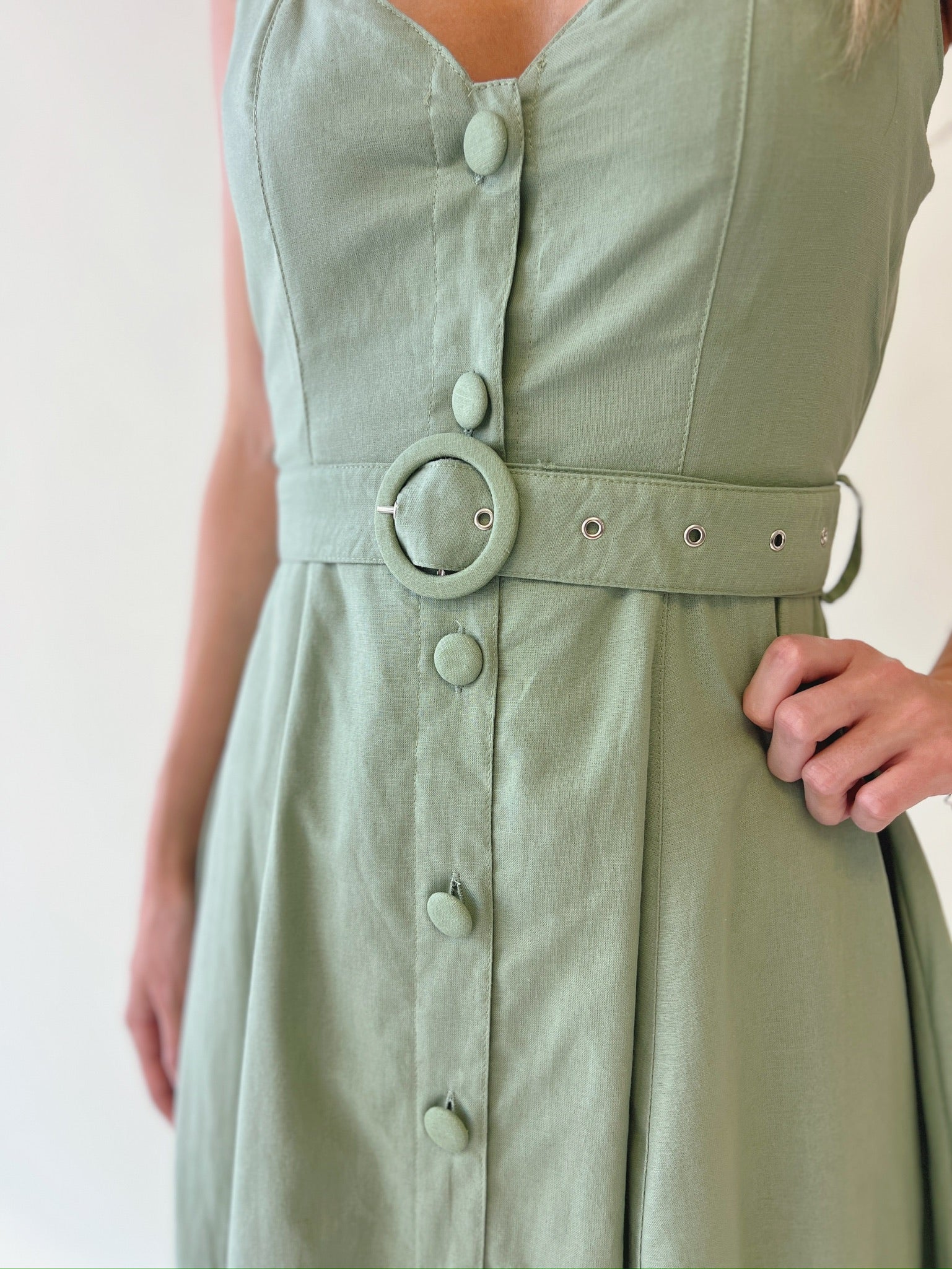 Button Front Belted Midi Dress