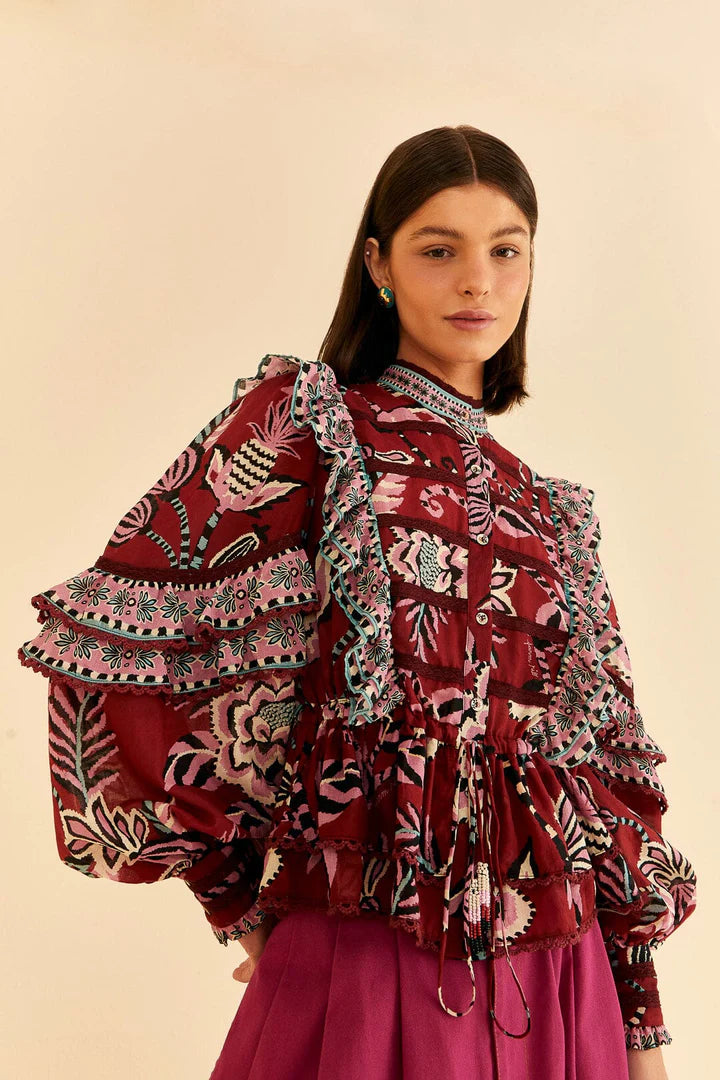 Pineapple Inspiration Burgundy Ruffled Blouse