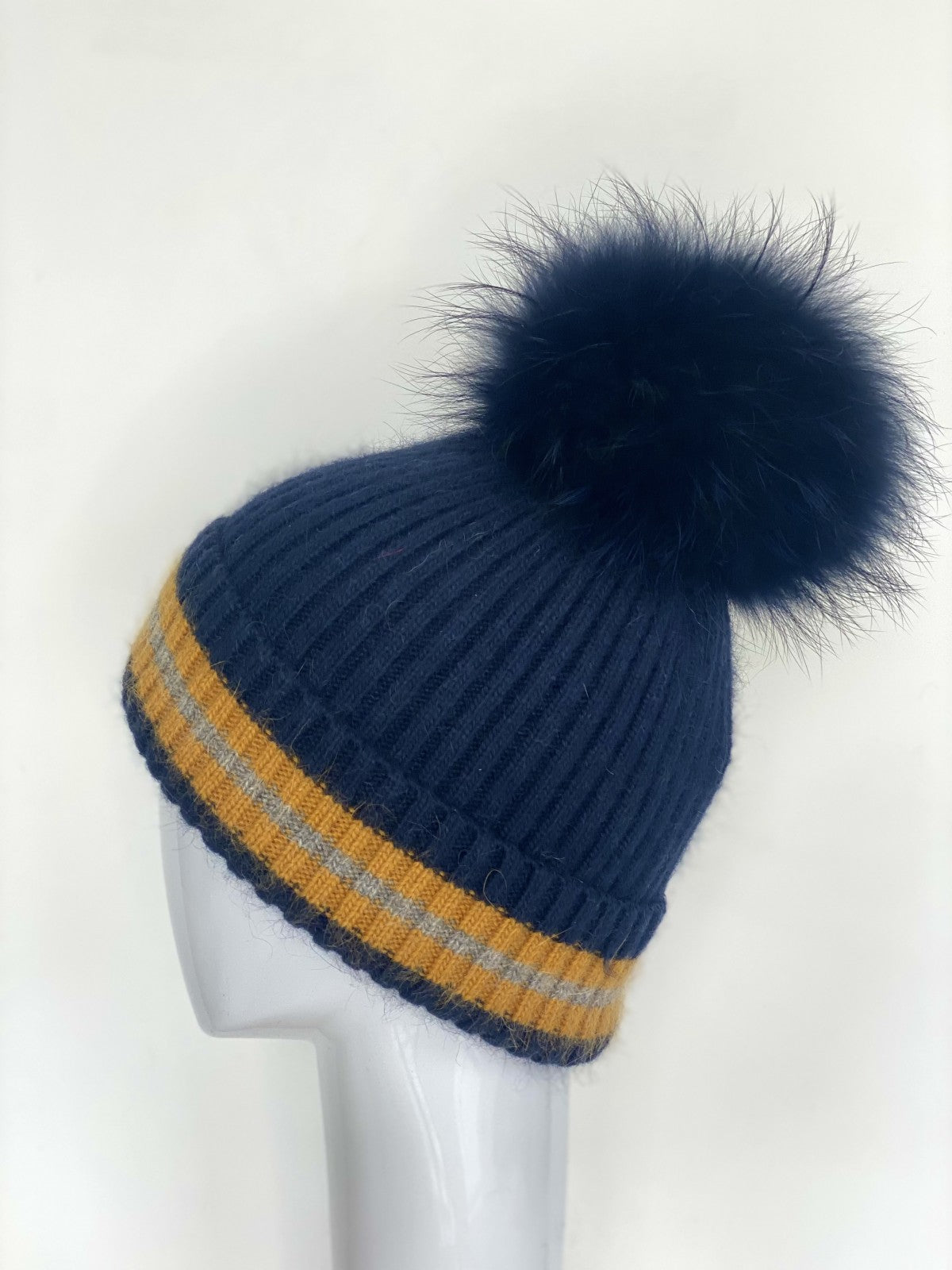 Mohair/Wool Hat in Navy/Grey/Golden Stripe